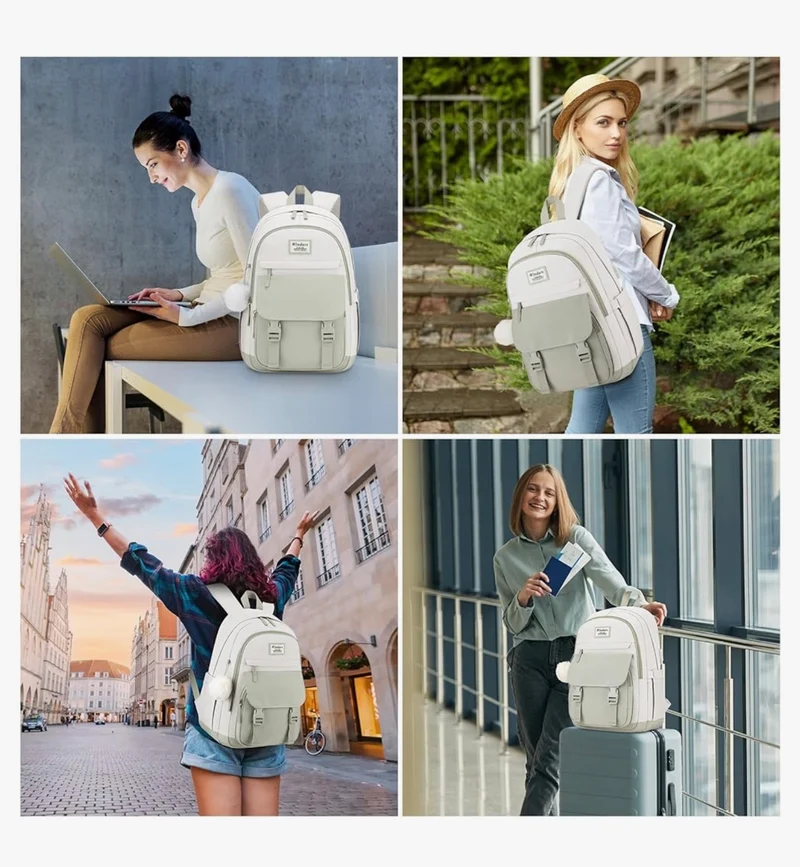 School Backpack for Teen Girls, Cute College Aesthetic Bookbag Large 15.6 Inch Laptop Bag Middle School Travel Back Pack - (Green Beige)