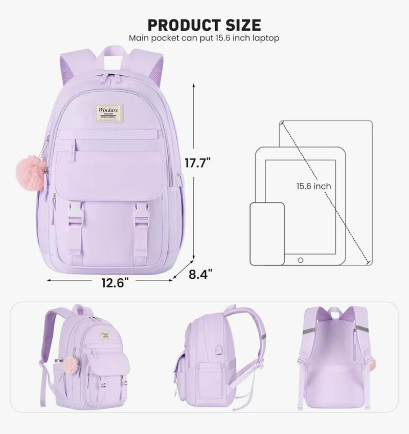 School Backpack for Teen Girls, Cute College Aesthetic Bookbag Large 15.6 Inch Laptop Bag Middle School Travel Back Pack - (Purple)