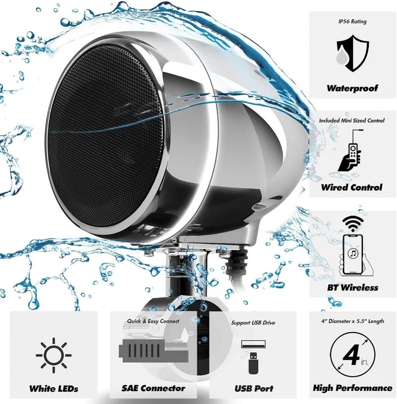 4 Inch Motorcycle Speakers Bluetooth Waterproof Audio System Waterproof 300W Speakers, Built-in Amplifier, USB/AUX,Wired Control, Great for Harley, ATV, scooters 4-Wheeler