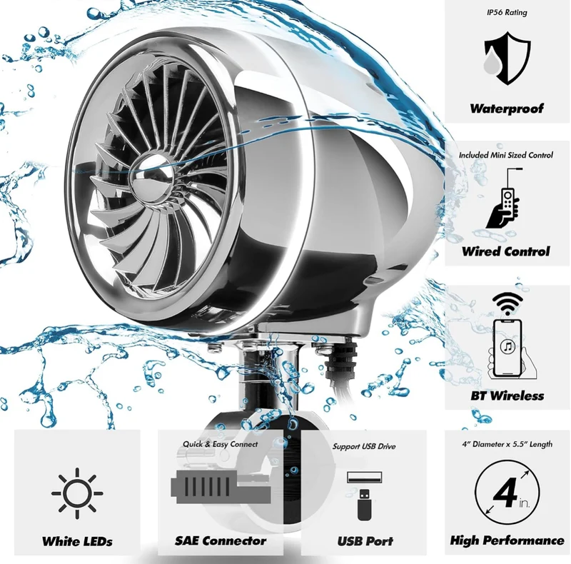 4 Inch Motorcycle Bluetooth Speakers Waterproof Radio Audio System 300W Speakers, LED Ring, Built-in Amplifier, USB/AUX,Wired Control, Great for Harley, ATV, scooters 4-Wheeler