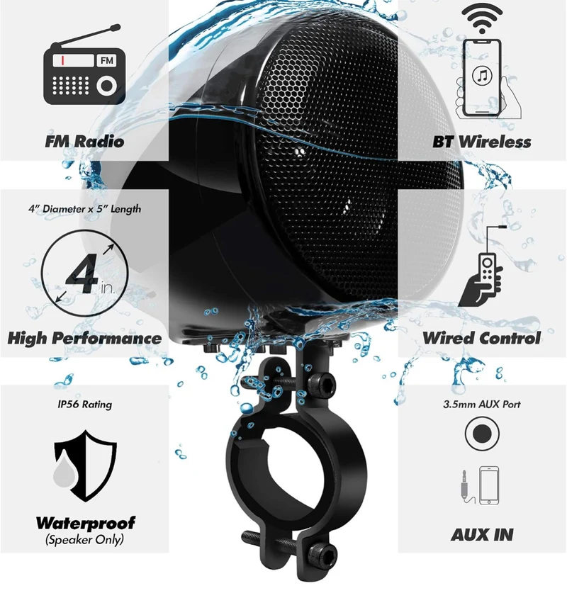 Motorcycle Speakers Bluetooth 4 Inch Waterproof Radio Audio System 100W Amplifier, Remote Control, AUX USB SD FM Radio, Fits 7/8"–1-1/4" bar for Motorcycle ATV 12 Volt Vehicles