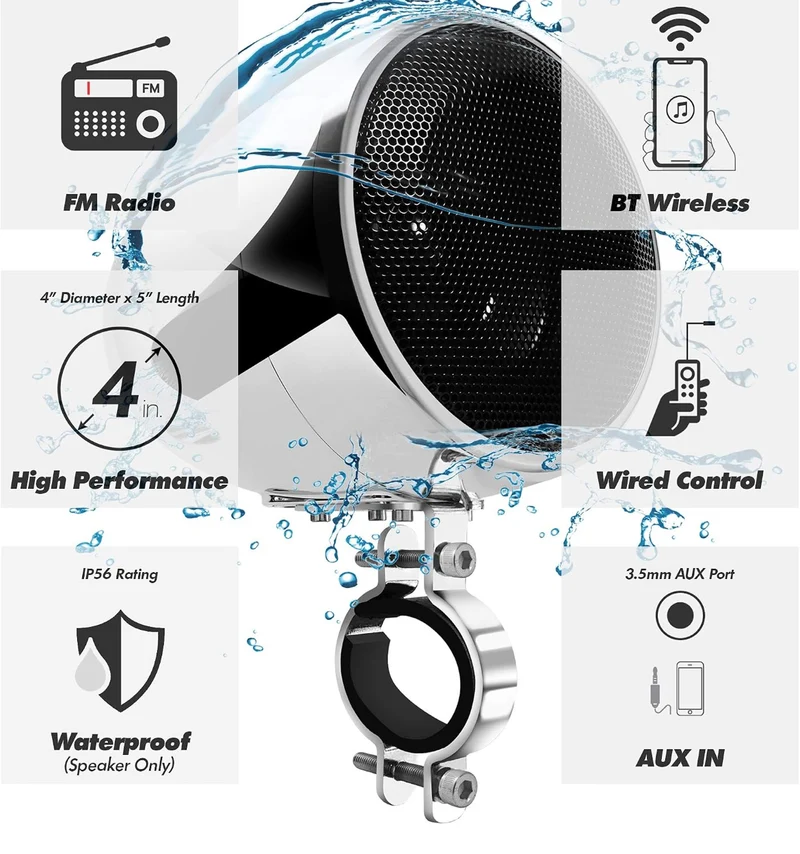 Motorcycle Speakers Bluetooth 4 Inch Waterproof Radio Audio System 100W Amplifier, Remote Control, AUX USB SD FM Radio, Fits 7/8"–1-1/4" bar for Motorcycle ATV 12 Volt Vehicles