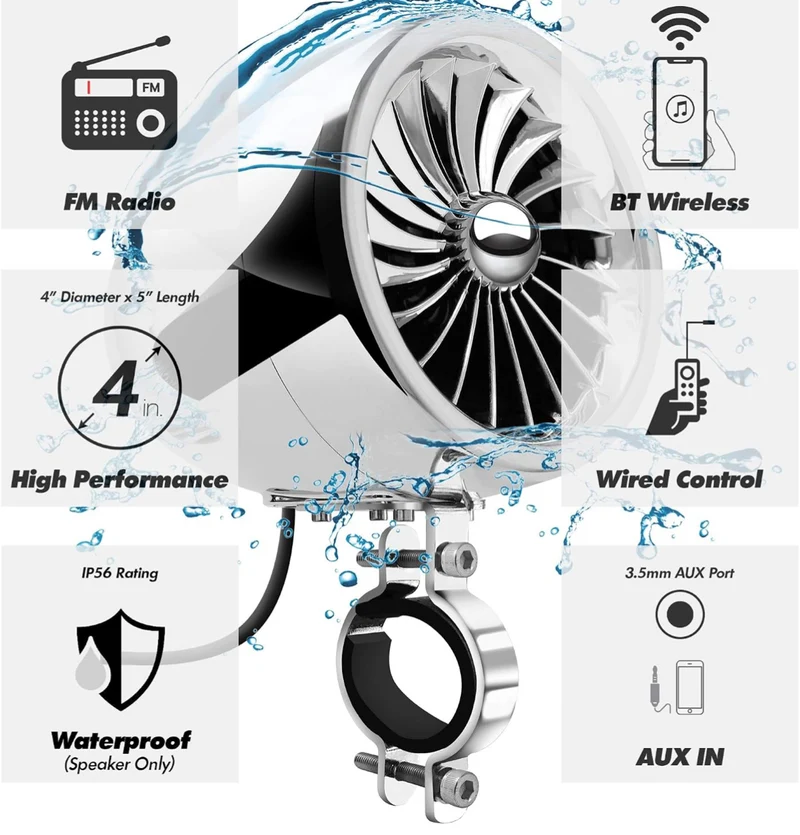 Motorcycle Speakers Bluetooth 4 Inch Waterproof Radio Audio System 100W Amplifier, Remote Control, AUX USB SD FM Radio, Fits 7/8"–1-1/4" bar for Motorcycle ATV 12 Volt Vehicles