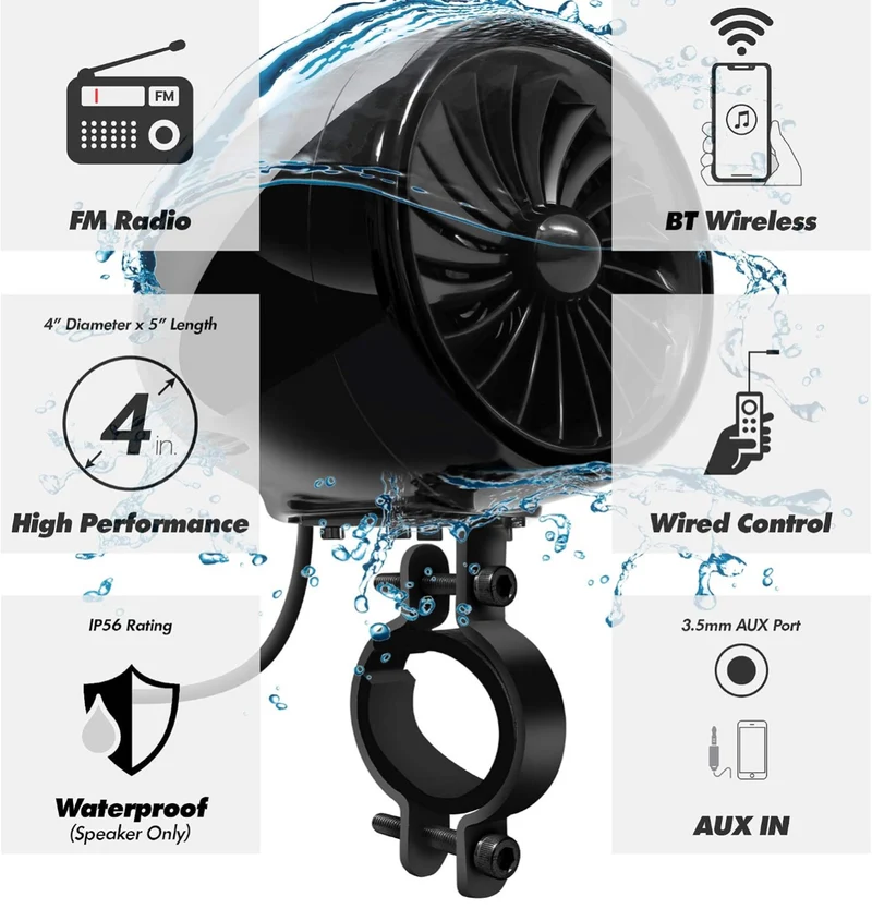 Motorcycle Speakers Bluetooth 4 Inch Waterproof Radio Audio System 100W Amplifier, Remote Control, AUX USB SD FM Radio, Fits 7/8"–1-1/4" bar for Motorcycle ATV 12 Volt Vehicles
