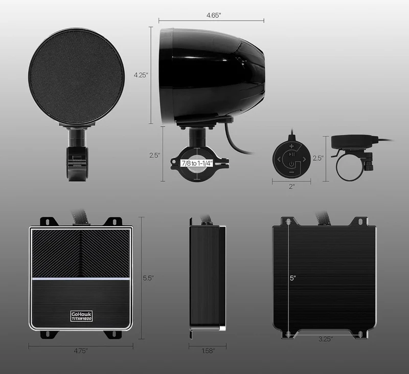 Motorcycle Bluetooth Speakers 4-Speaker Waterproof Audio System 4.25 Inch Full-range Speakers, 1600W Peak Power, Bluetooth/USB/AUX/FM Radio, Subwoofer Output, Fits 7/8-1.25 inch handlebars