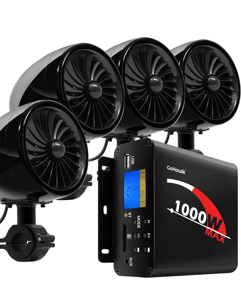 Motorcycle Speakers Bluetooth 4 Inch Waterproof Radio Audio System 1000W Amplifier, Remote Control, AUX USB SD FM Radio, Fits 7/8"–1-1/4" bar for ATVs/Motorcycles, 12 Volt Vehicles