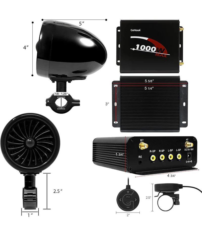 Motorcycle Speakers Bluetooth 4 Inch Waterproof Radio Audio System 1000W Amplifier, Remote Control, AUX USB SD FM Radio, Fits 7/8"–1-1/4" bar for ATVs/Motorcycles, 12 Volt Vehicles