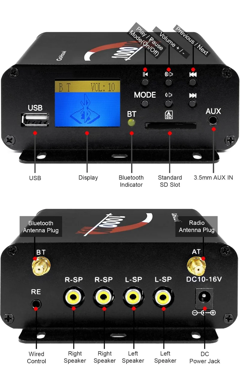 Motorcycle Speakers Bluetooth 4 Inch Waterproof Radio Audio System 1000W Amplifier, Remote Control, AUX USB SD FM Radio, Fits 7/8"–1-1/4" bar for ATVs/Motorcycles, 12 Volt Vehicles