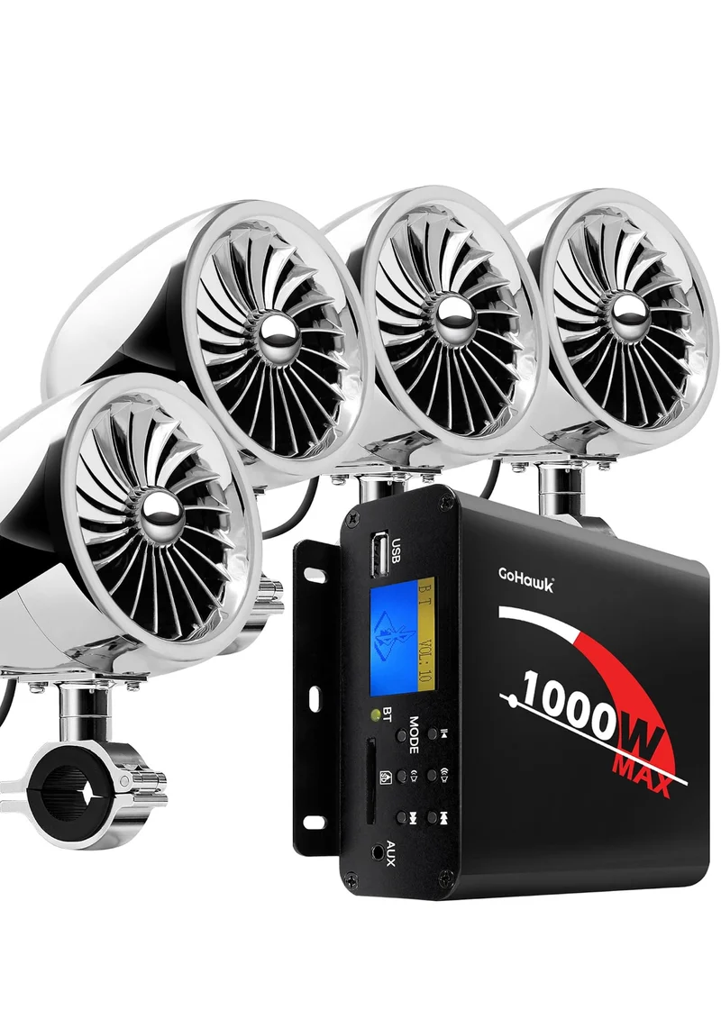 Motorcycle Speakers Bluetooth 4 Inch Waterproof Radio Audio System 1000W Amplifier, Remote Control, AUX USB SD FM Radio, Fits 7/8"–1-1/4" bar for ATVs/Motorcycles, 12 Volt Vehicles