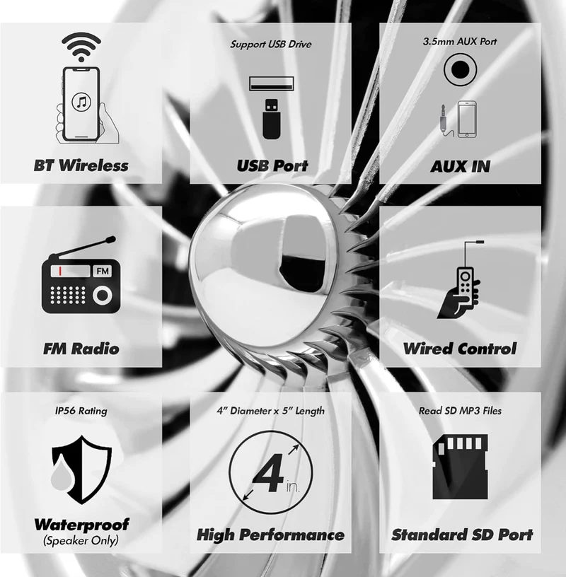 Motorcycle Speakers Bluetooth 4 Inch Waterproof Radio Audio System 1000W Amplifier, Remote Control, AUX USB SD FM Radio, Fits 7/8"–1-1/4" bar for ATVs/Motorcycles, 12 Volt Vehicles