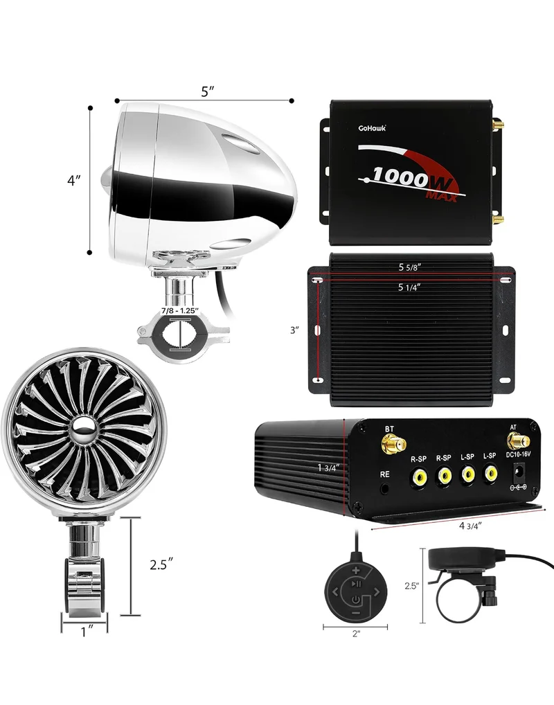 Motorcycle Speakers Bluetooth 4 Inch Waterproof Radio Audio System 1000W Amplifier, Remote Control, AUX USB SD FM Radio, Fits 7/8"–1-1/4" bar for ATVs/Motorcycles, 12 Volt Vehicles