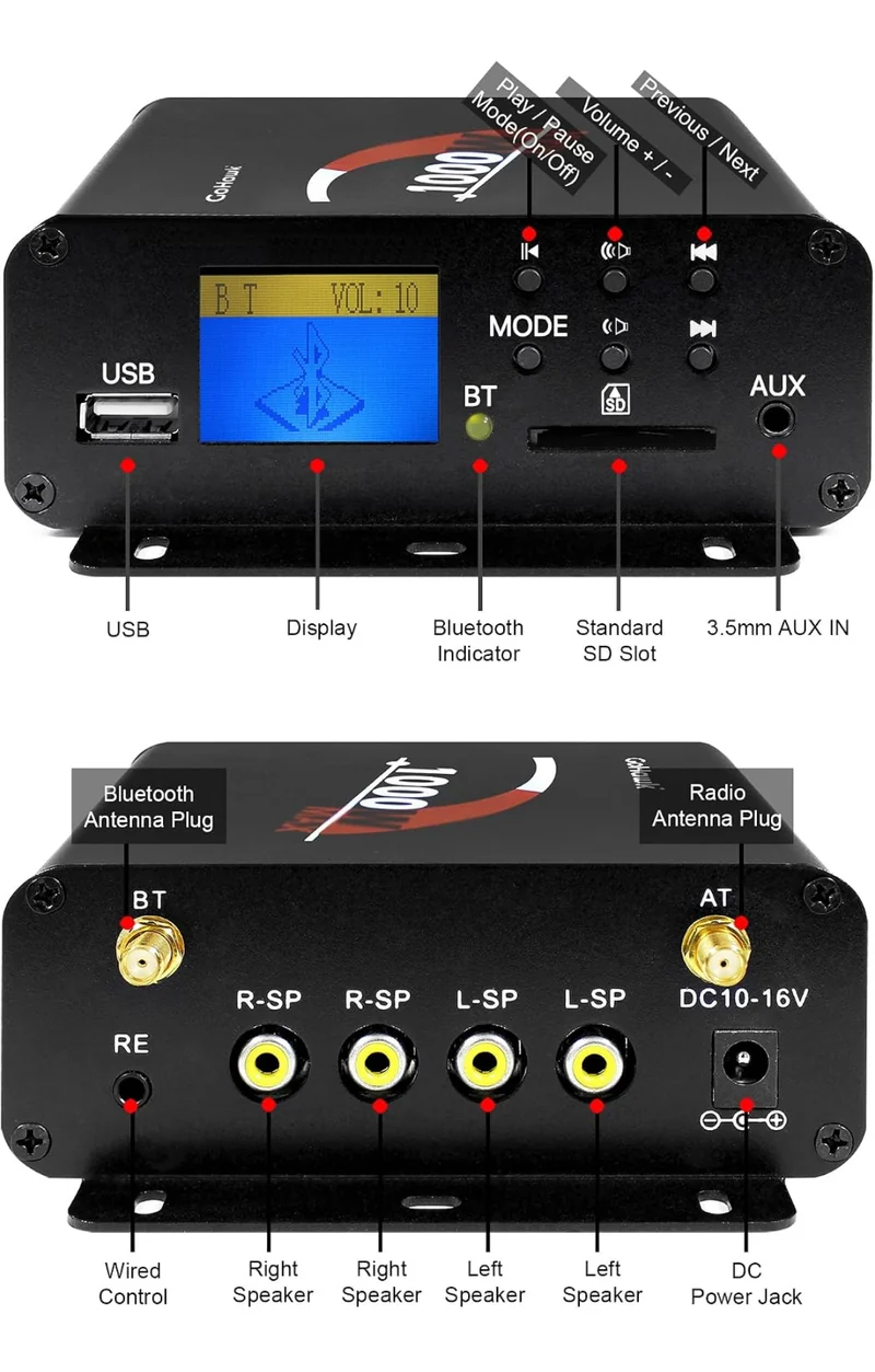 Motorcycle Speakers Bluetooth 4 Inch Waterproof Radio Audio System 1000W Amplifier, Remote Control, AUX USB SD FM Radio, Fits 7/8"–1-1/4" bar for ATVs/Motorcycles, 12 Volt Vehicles