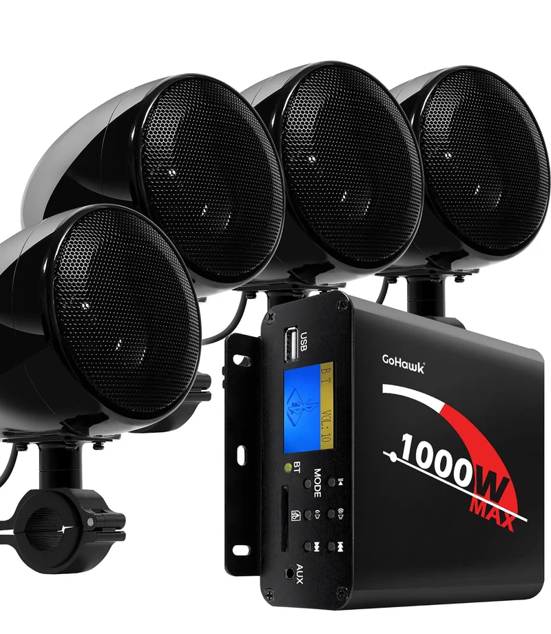 Motorcycle Speakers Bluetooth 4 Inch Waterproof Radio Audio System 1000W Amplifier, Remote Control, AUX USB SD FM Radio, Fits 7/8"–1-1/4" bar for ATVs/Motorcycles, 12 Volt Vehicles