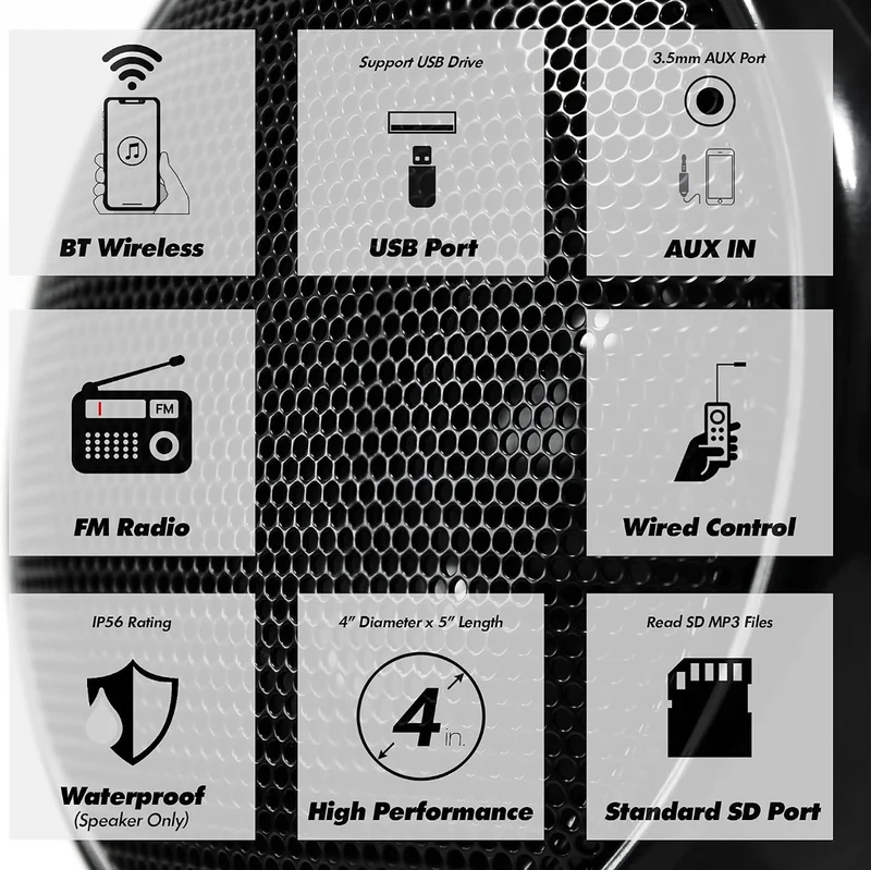 Motorcycle Speakers Bluetooth 4 Inch Waterproof Radio Audio System 1000W Amplifier, Remote Control, AUX USB SD FM Radio, Fits 7/8"–1-1/4" bar for ATVs/Motorcycles, 12 Volt Vehicles