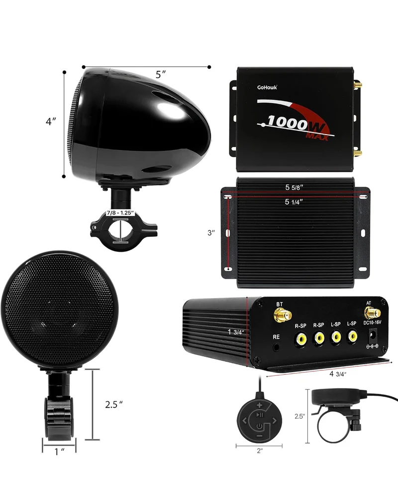 Motorcycle Speakers Bluetooth 4 Inch Waterproof Radio Audio System 1000W Amplifier, Remote Control, AUX USB SD FM Radio, Fits 7/8"–1-1/4" bar for ATVs/Motorcycles, 12 Volt Vehicles
