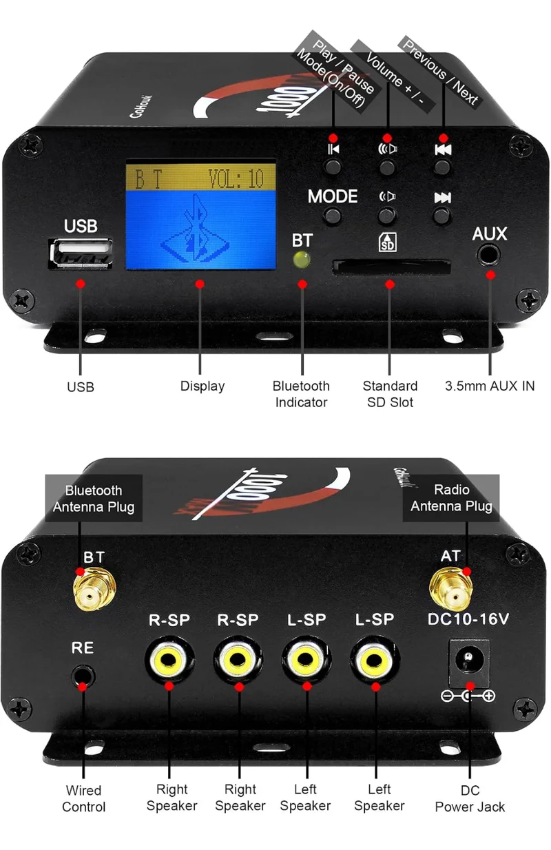 Motorcycle Speakers Bluetooth 4 Inch Waterproof Radio Audio System 1000W Amplifier, Remote Control, AUX USB SD FM Radio, Fits 7/8"–1-1/4" bar for ATVs/Motorcycles, 12 Volt Vehicles