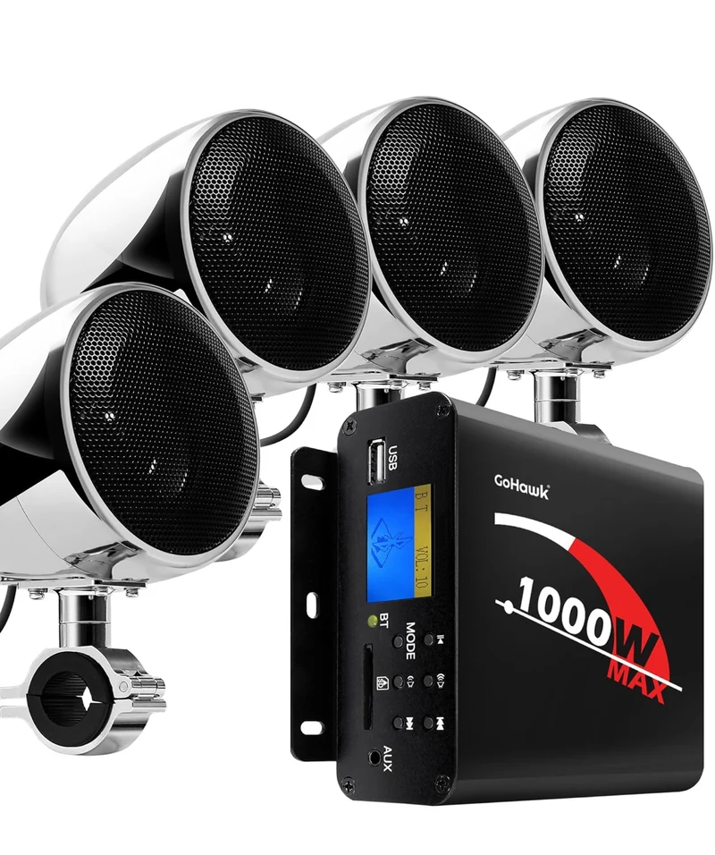 Motorcycle Speakers Bluetooth 4 Inch Waterproof Radio Audio System 1000W Amplifier, Remote Control, AUX USB SD FM Radio, Fits 7/8"–1-1/4" bar for ATVs/Motorcycles, 12 Volt Vehicles