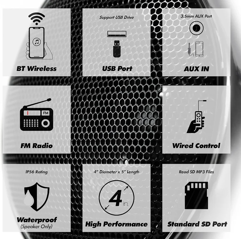 Motorcycle Speakers Bluetooth 4 Inch Waterproof Radio Audio System 1000W Amplifier, Remote Control, AUX USB SD FM Radio, Fits 7/8"–1-1/4" bar for ATVs/Motorcycles, 12 Volt Vehicles