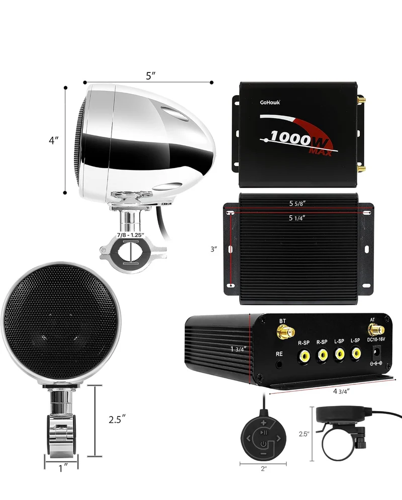 Motorcycle Speakers Bluetooth 4 Inch Waterproof Radio Audio System 1000W Amplifier, Remote Control, AUX USB SD FM Radio, Fits 7/8"–1-1/4" bar for ATVs/Motorcycles, 12 Volt Vehicles