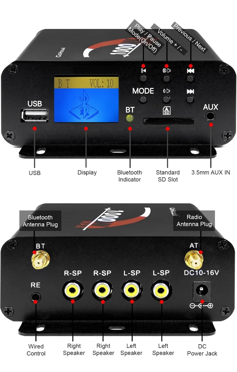 Motorcycle Speakers Bluetooth 4 Inch Waterproof Radio Audio System 1000W Amplifier, Remote Control, AUX USB SD FM Radio, Fits 7/8"–1-1/4" bar for ATVs/Motorcycles, 12 Volt Vehicles