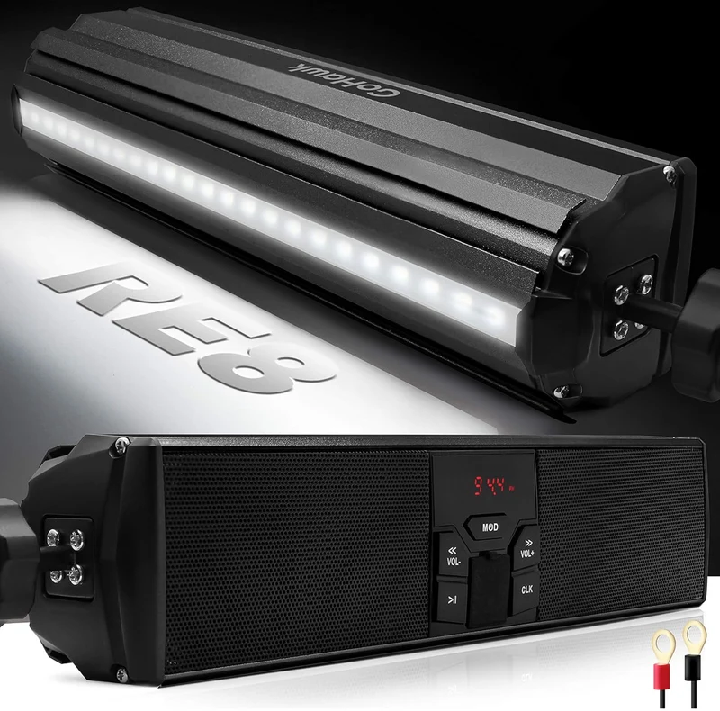 Bluetooth Motorcycle Speakers Waterproof with LED Light Bluetooth/FM Radio/AUX/USB, 360°Adjustable Mount. Fits 7/8 to 1.25 inch handlebars for Harley, ATV, and UTV.