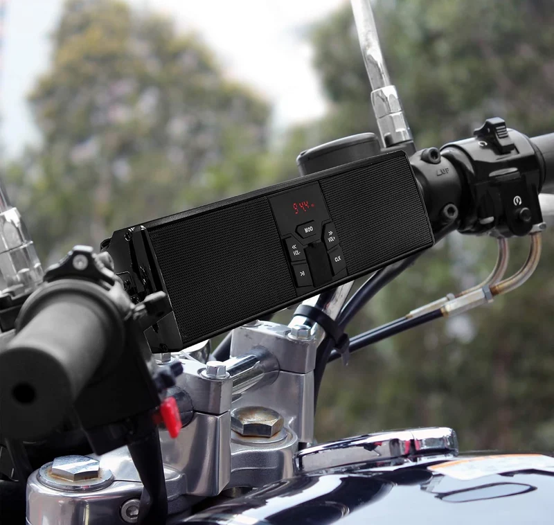 Bluetooth Motorcycle Speakers Waterproof with LED Light Bluetooth/FM Radio/AUX/USB, 360°Adjustable Mount. Fits 7/8 to 1.25 inch handlebars for Harley, ATV, and UTV.
