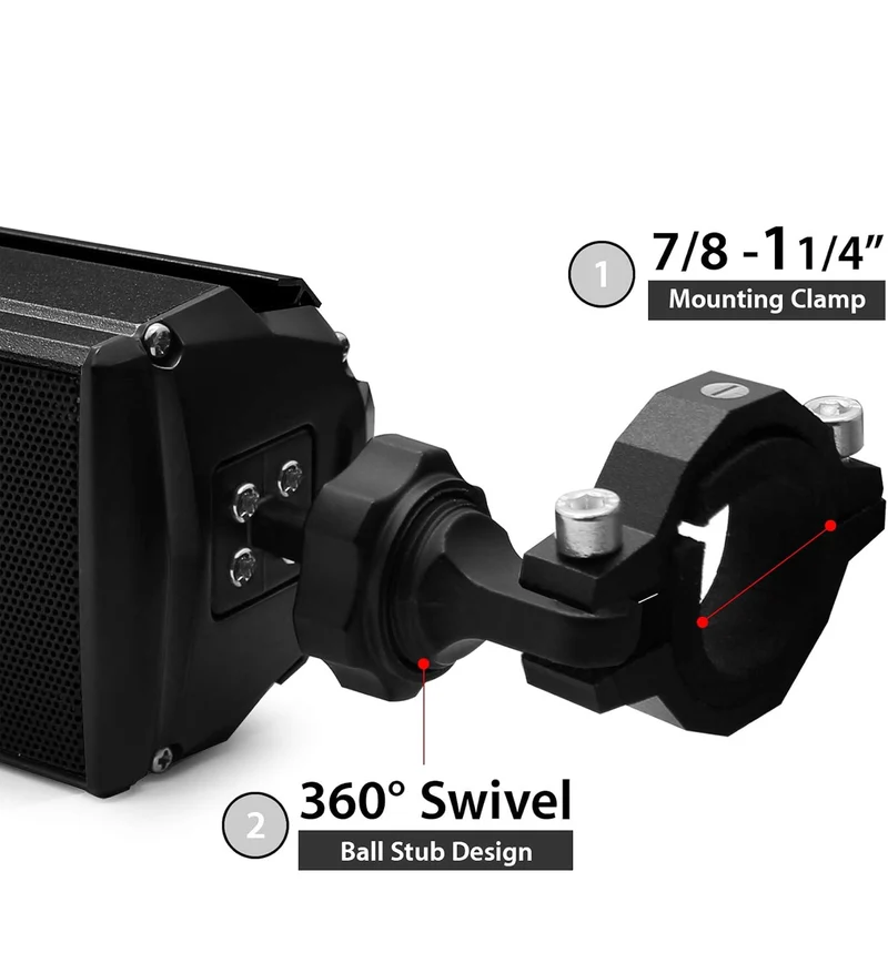 Bluetooth Motorcycle Speakers Waterproof with LED Light Bluetooth/FM Radio/AUX/USB, 360°Adjustable Mount. Fits 7/8 to 1.25 inch handlebars for Harley, ATV, and UTV.