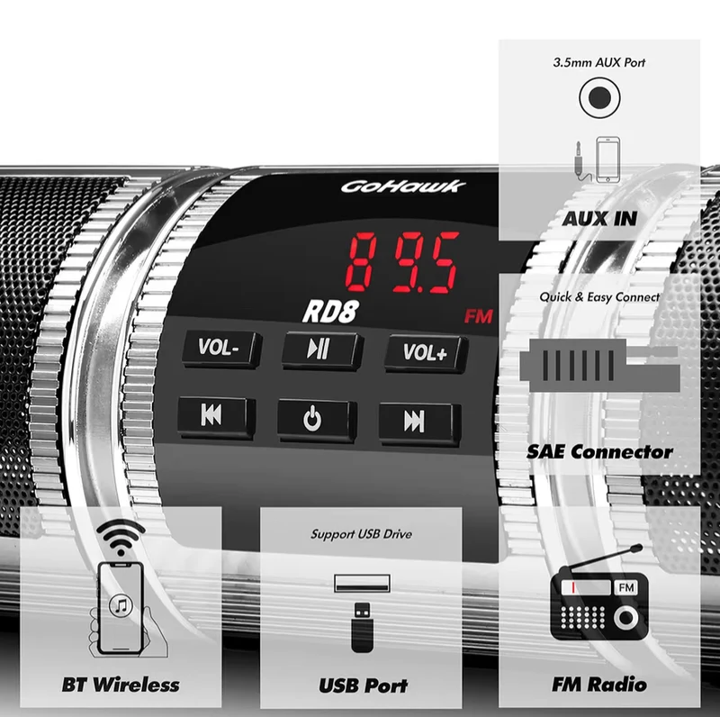 Motorcycle Bluetooth Speakers, Waterproof Radio Audio System Built-in Amplifier, FM Radio, AUX Input, USB, Great for ATV, Scooter Bike,12 Volt Vehicle