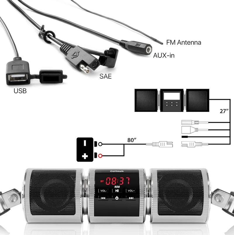 Motorcycle Bluetooth Speakers, Waterproof Radio Audio System Built-in Amplifier, FM Radio, AUX Input, USB, Great for ATV, Scooter Bike,12 Volt Vehicle