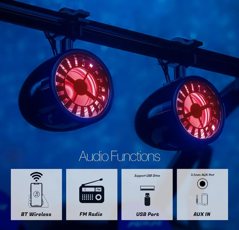 Sound System 600W UTV Speakers 5" Sound Bar 4 speakers (2 woofers + 2 tweeters). Bluetooth/FM/USB/AUX input. Fits 1.5-2in roll bars