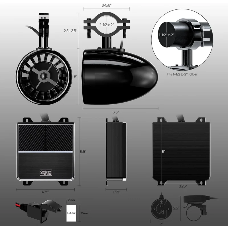 Sound System 600W UTV Speakers 5" Sound Bar 4 speakers (2 woofers + 2 tweeters). Bluetooth/FM/USB/AUX input. Fits 1.5-2in roll bars