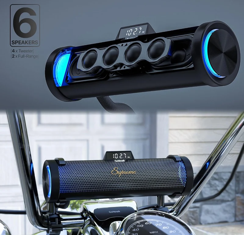 Motorcycle Speakers Bluetooth 6-Speaker Radio Audio System Waterproof Aluminum Sound Bar, Built-in Amplifier, LED light, Remote Control, FM Radio/USB/AUX, Perfect for Harley ATV