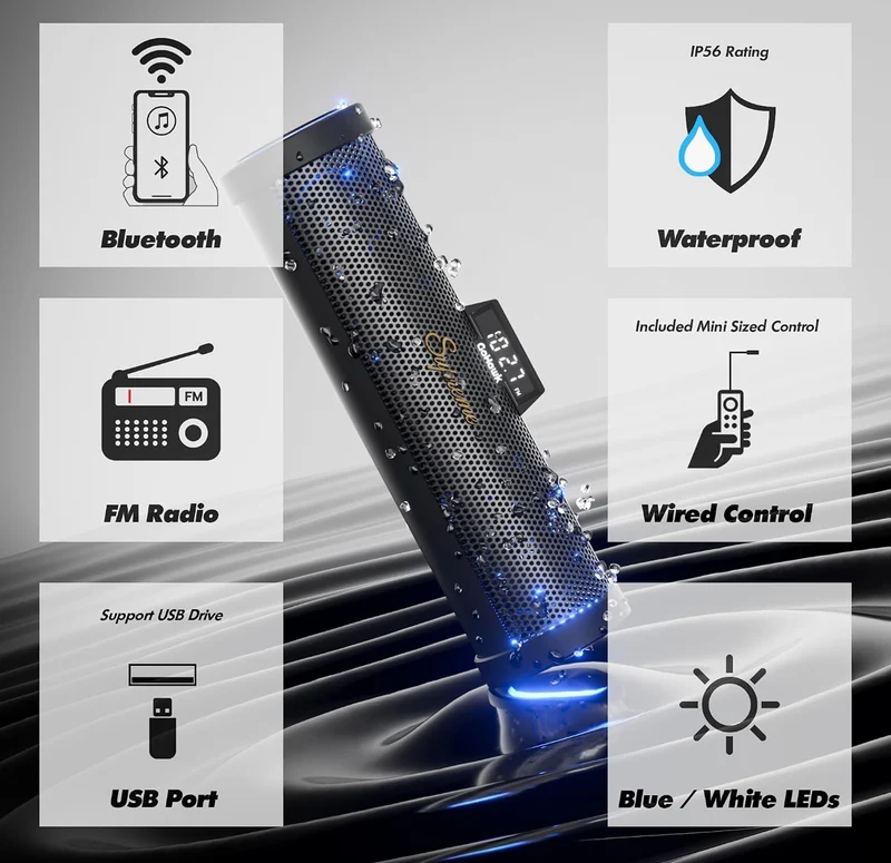 Motorcycle Speakers Bluetooth 6-Speaker Radio Audio System Waterproof Aluminum Sound Bar, Built-in Amplifier, LED light, Remote Control, FM Radio/USB/AUX, Perfect for Harley ATV