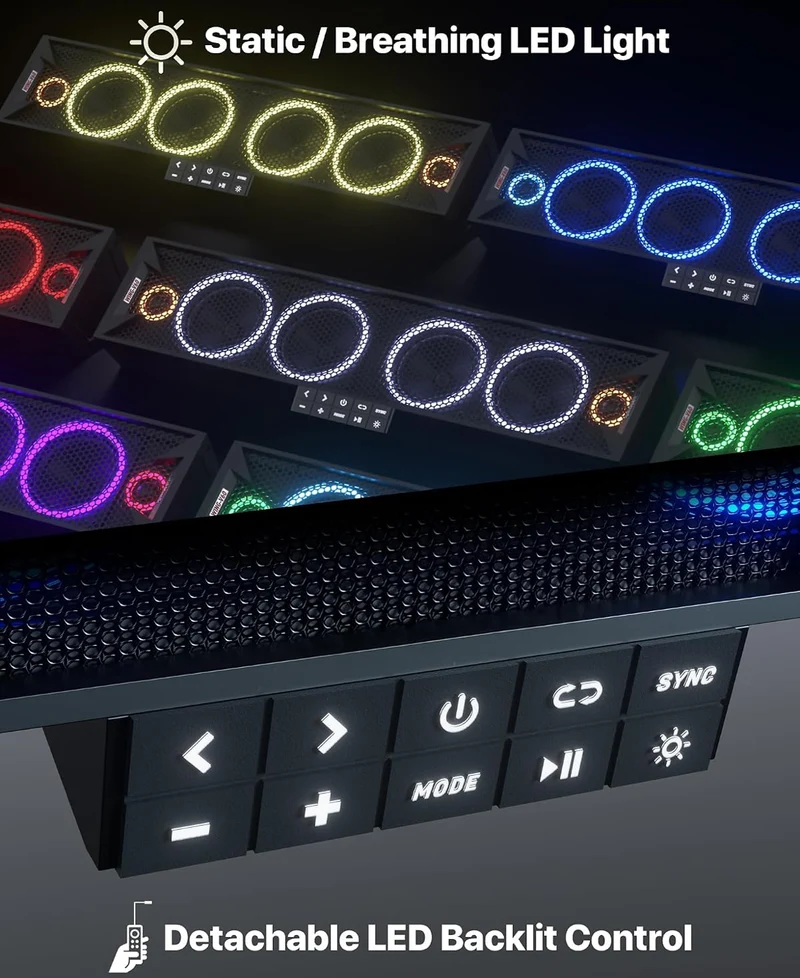 25" 6-Speaker UTV Sound Bar w/ Bluetooth, RGB ATV Soundbar5 00W Peak Power, IP66 Waterproof, FM Radio/USB/AUX, Detachable Remote