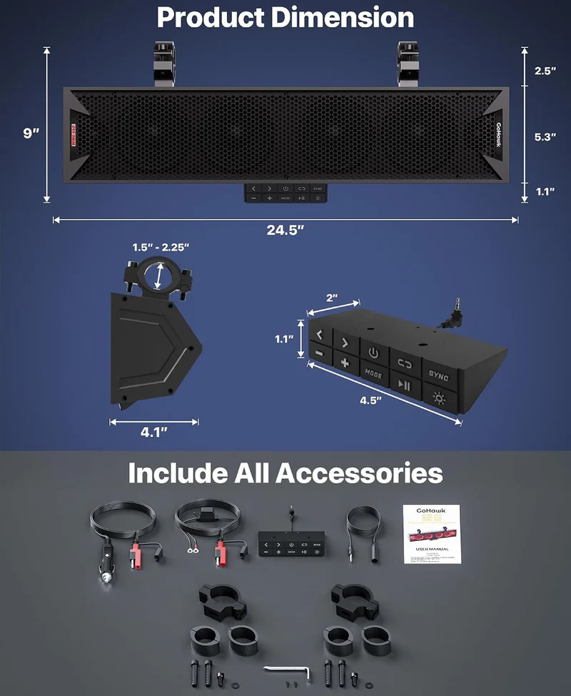 25" 6-Speaker UTV Sound Bar w/ Bluetooth, RGB ATV Soundbar5 00W Peak Power, IP66 Waterproof, FM Radio/USB/AUX, Detachable Remote