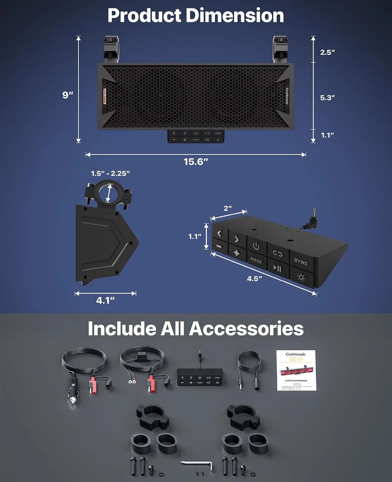 15" UTV Sound Bar w/ Bluetooth, IP66 Waterproof ATV Soundbar 300W Peak Power, Sync Mode, FM Radio/USB/AUX, Detachable Remote