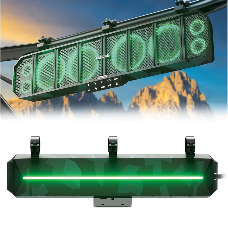 25" 8-Speaker UTV Sound Bar w/ Bluetooth, Waterproof ATV SoundBar 600W Peak Power, RGB, Detachable Remote & Audio Sync, FM Radio/USB/AUX - Green