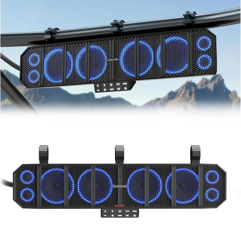 25" 8-Speaker UTV Sound Bar with RGB, Waterproof ATV Soundbar600W Peak Power, Bluetooth, Detachable Remote&Audio Sync, FM Radio/USB/AUX - Black