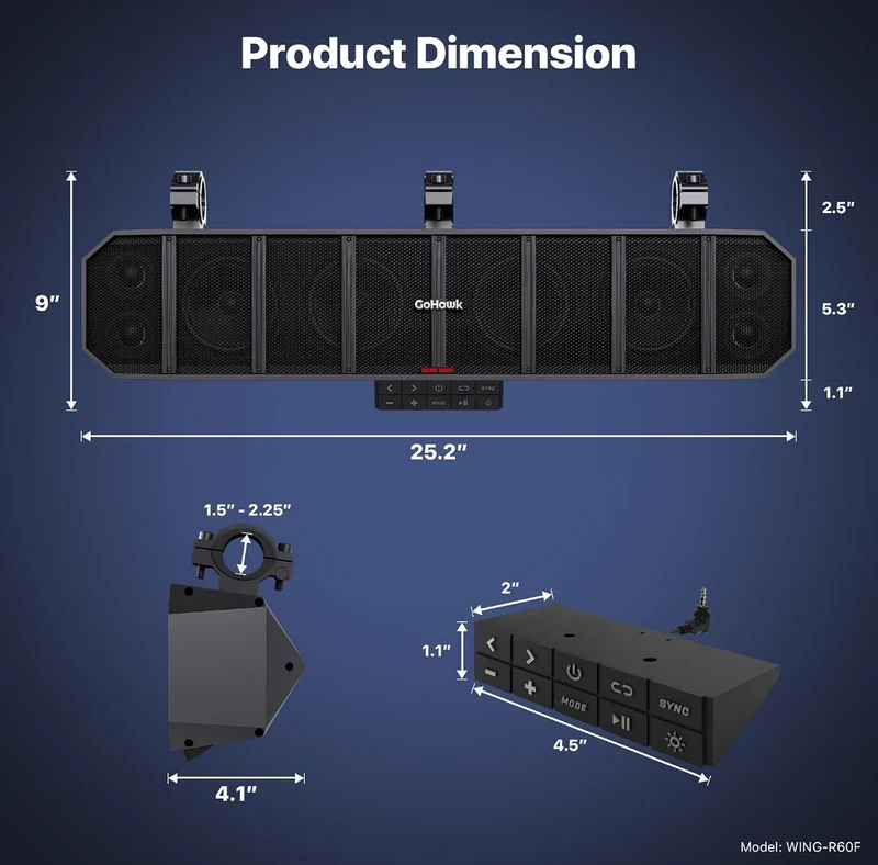 25" 8-Speaker UTV Sound Bar with RGB, Waterproof ATV Soundbar600W Peak Power, Bluetooth, Detachable Remote&Audio Sync, FM Radio/USB/AUX - Black