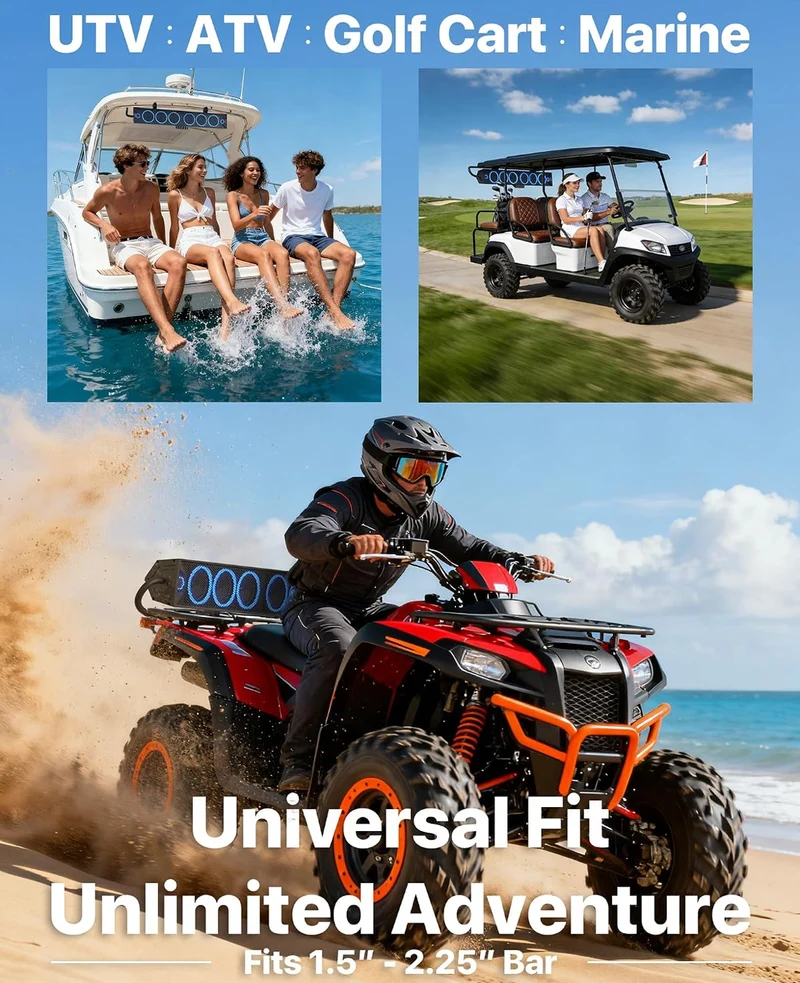 34" 8-Speaker UTV SoundBar w/ Bluetooth, IP66 Waterproof600W Peak Power, RGB lights, FM Radio/USB/AUX, Sync Mode, Fits 1.5"-2.25" Roll Cages for UTVs, Golf Cart, SXS, ATVs & Marine