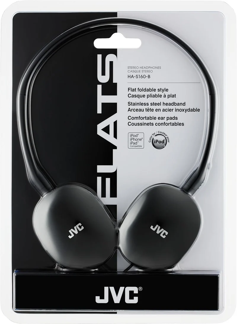 JVC Flats On-Ear Wired Headphones Flat Foldable 30mm Driver, Soft Ear-Pads for Comfort – Steel Headband - Lightweight & Portable 3.5mm Slim Plug - (Black)