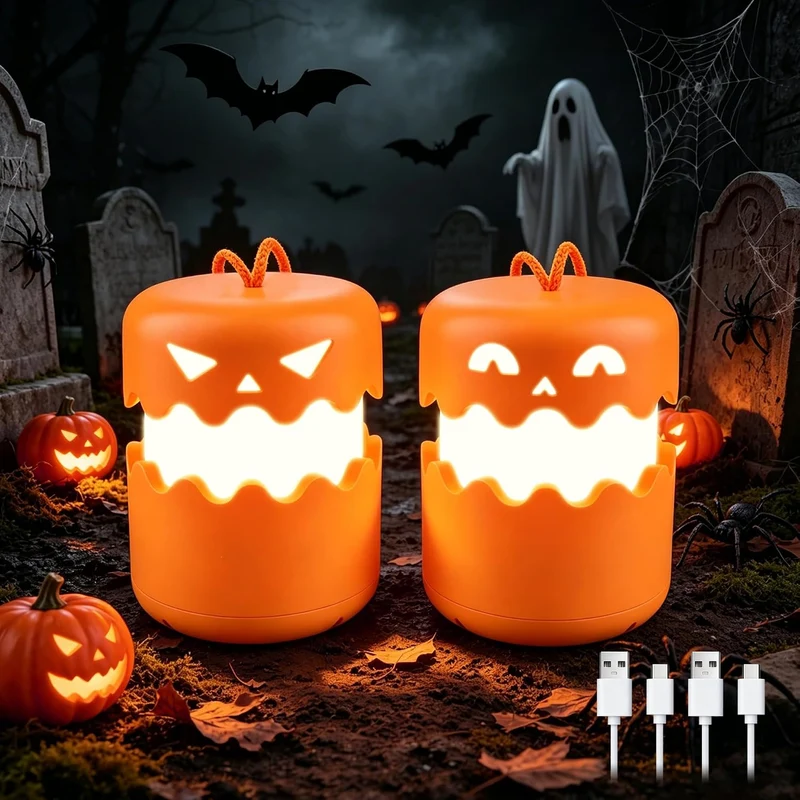 LED Halloween Pumpkin Lantern Jack O Lantern with Lanyard - (2 Pack)