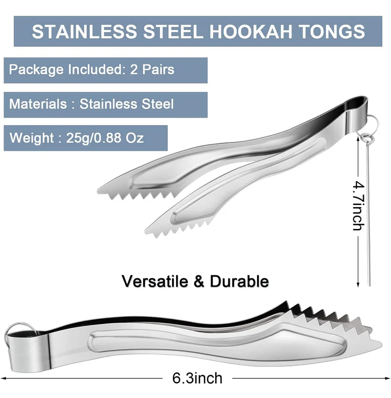 Tongs Thick Stainless Steel Hookah Coal Tongs w/ Foil Poker 6.3" Long Sturdy Heavy Duty Shisha Charcoal BBQ - 2PK (Silvery)