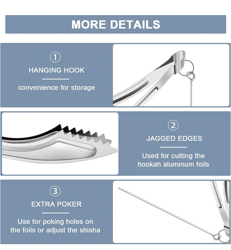 Tongs Thick Stainless Steel Hookah Coal Tongs w/ Foil Poker 6.3" Long Sturdy Heavy Duty Shisha Charcoal BBQ - 2PK (Silvery)