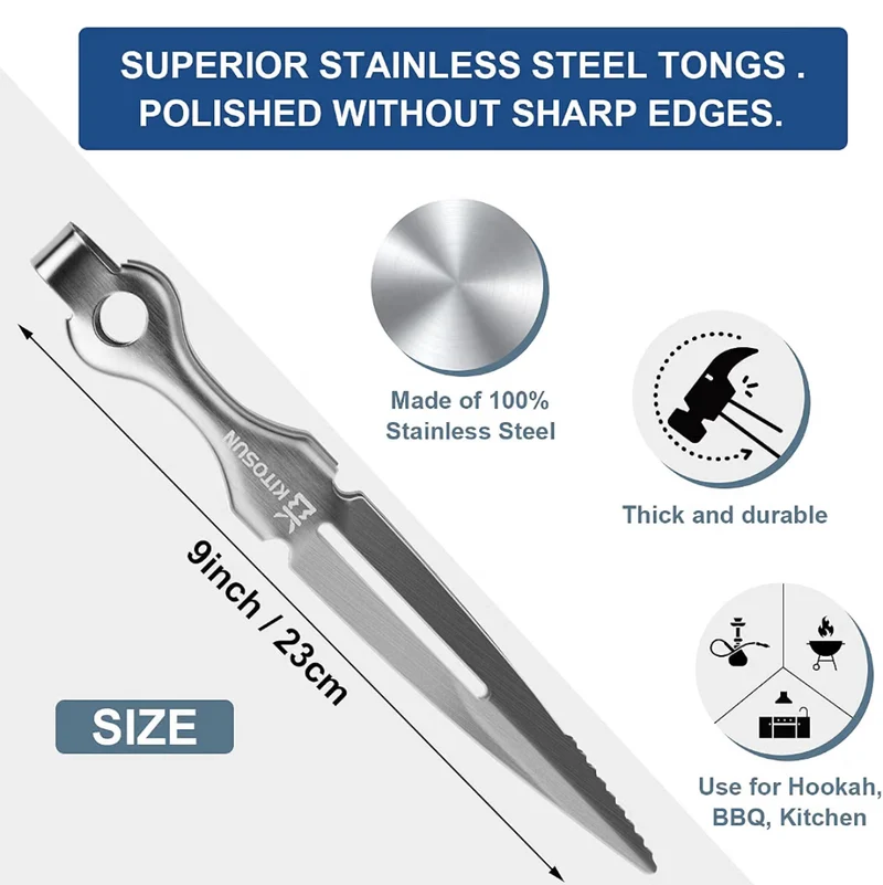 Charcoal Tongs - Thick Stainless Metal BBQ Kitchen Clips - 8.8" Long Superior Polished Narguile Shisha Coals Tongs - Durable Heavy Duty - (Chromium)