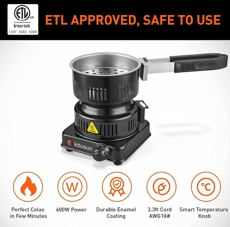 Electric Stove Coconut Charcoal Starter Hot Plate Durable Faster Coal Burner 120V~600W w/ Detachable Handle Stainless Steel Grill & Rack Smart Heat Control