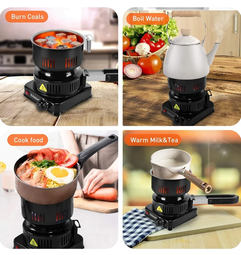 Electric Stove Coconut Charcoal Starter Hot Plate Durable Faster Coal Burner 120V~600W w/ Detachable Handle Stainless Steel Grill & Rack Smart Heat Control