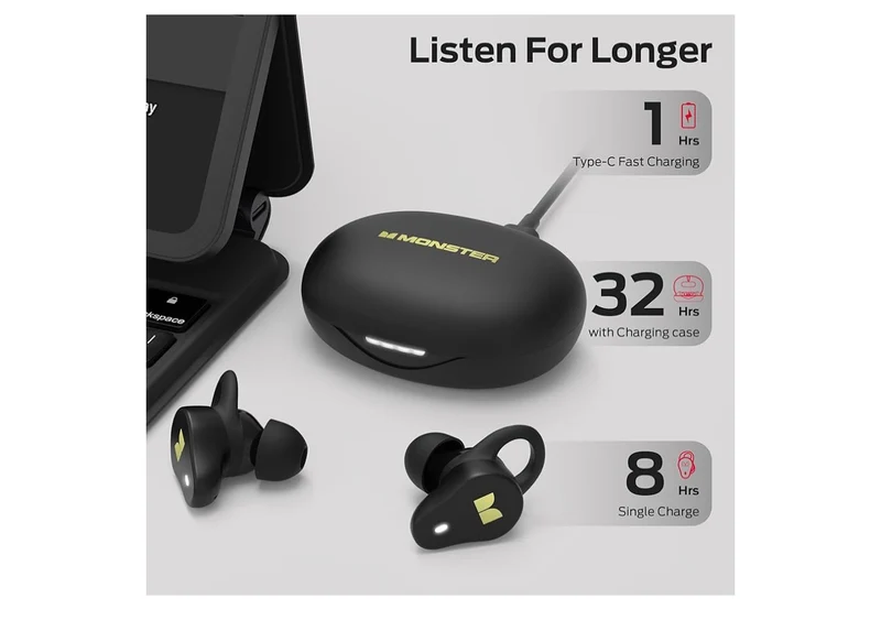 Monster NL210 Wireless Earbuds, Bluetooth 5.4 in-Ear Stereo Built-in Mic for Crystal Clear Call, 32H Playtime, Type-C Charging, Waterproof Sports - (Black)