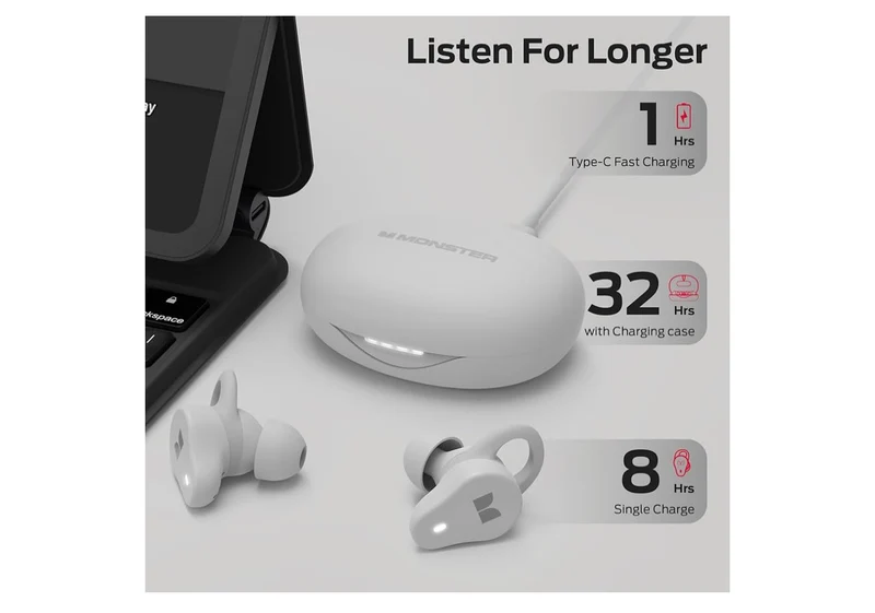 Monster NL210 Wireless Earbuds, Bluetooth 5.4 in-Ear Stereo Built-in Mic for Crystal Clear Call, 32H Playtime, Type-C Charging, Waterproof Sports - (White)