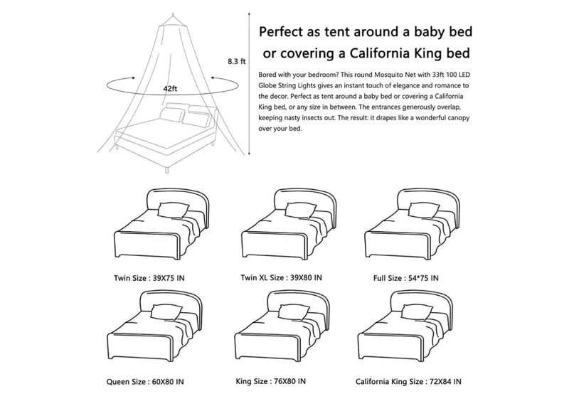 Mosquito Net Bed Canopy Curtains Full Size from Ceiling,Netting Bed Tent - White Decor